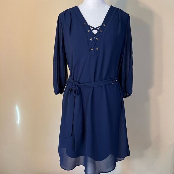 A. Byer Blue Semi Sheer Long Sleeve Strappy V Neck Belted Dress Medium - Picture 1 of 12